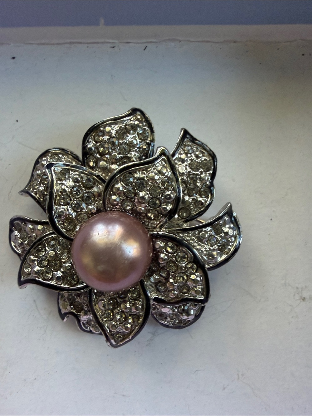 Crystal Flower Brooch with Pink Faux Pearl Center
